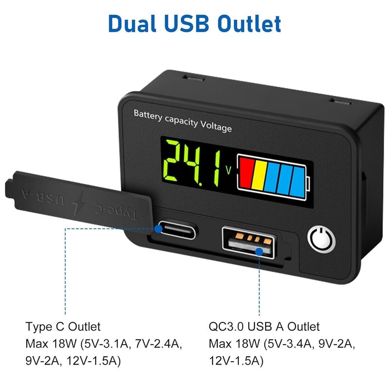Linkstyle Battery Voltage Meter, DC 12V Voltmeter with Battery Monitor Capacity Tester USB Outlet, Digital Display Voltage Gauge Replacement - Image 2